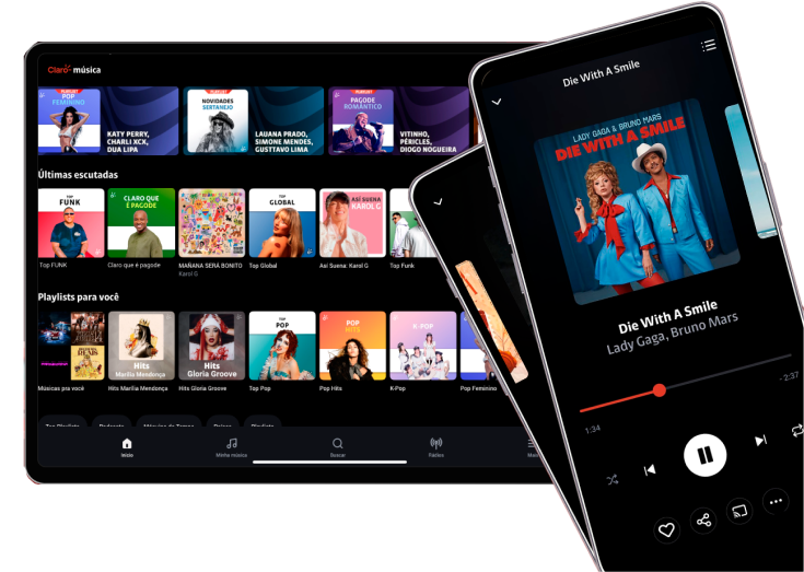 Celular mostrando o app Claro Música